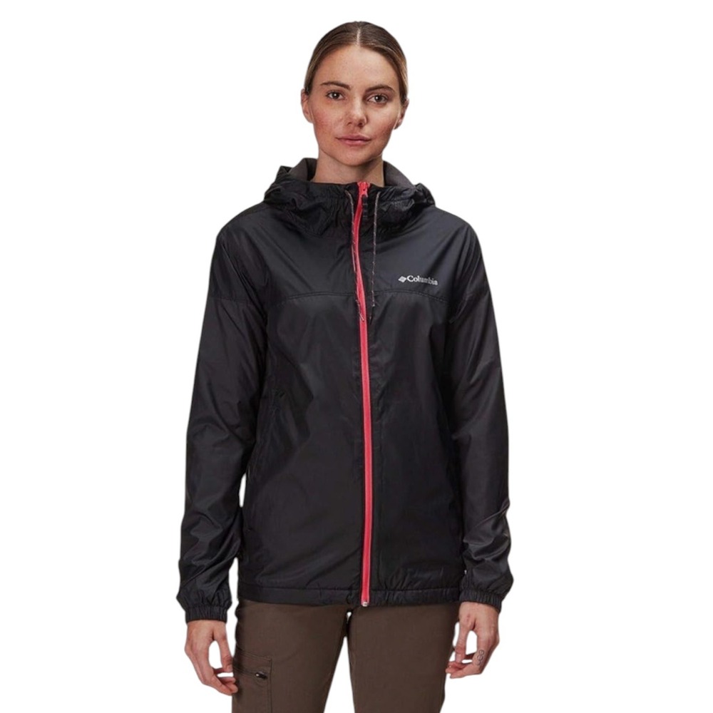 Columbia Activewear Black Fleece Lined Hooded Windbreaker Jacket Pink Zip Size M